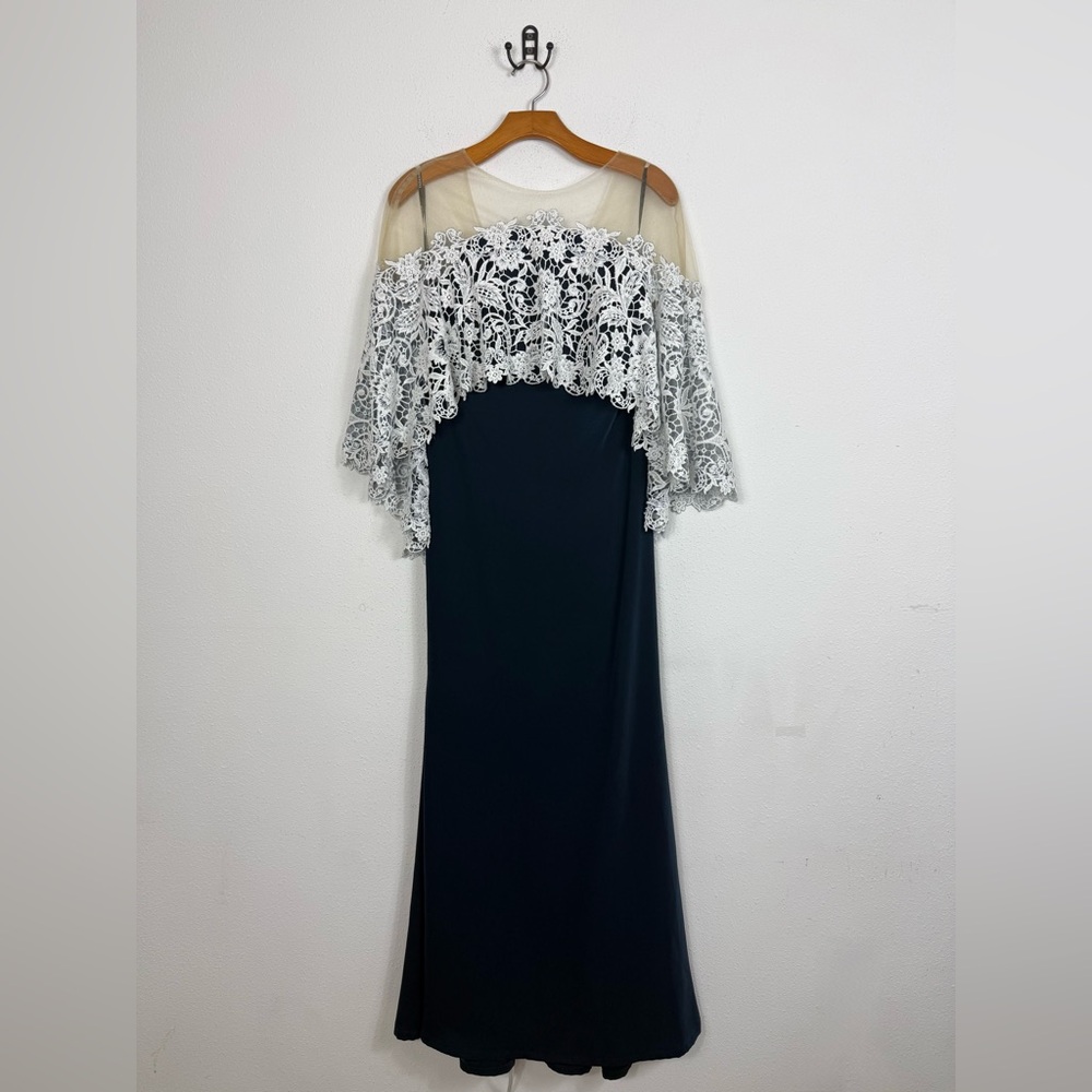 Tadashi Shoji Tegan Illusion Off Shoulder Lace Gown Dress Blue Sz 4